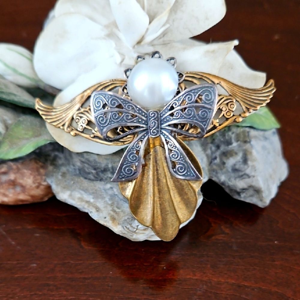 Vintage Copper and Silver Toned Angel Wing Brooch